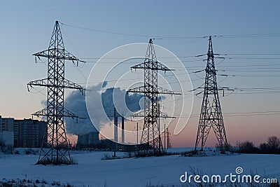 Power lines at sunset Stock Photo