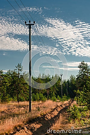 Power lines support at forest outskirts Stock Photo