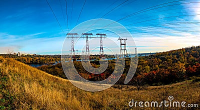 Power lines transmit electricity by wire, high voltage Stock Photo
