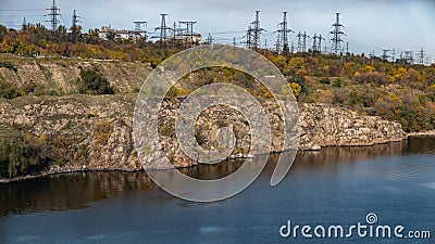 Power lines transmit electricity by wire, high voltage Stock Photo