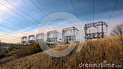 Power lines transmit electricity by wire, high voltage Stock Photo