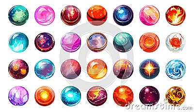 Power magic orbs set. Bright colors magic spheres isolated on white background, energy balls vector images Vector Illustration