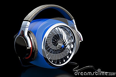 Power music concept, blue turbine with headphones. 3D rendering Stock Photo