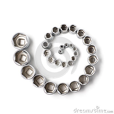 Power nut socket set arranged in spiral Stock Photo