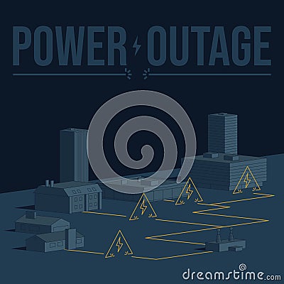 Power outage alert. Retro poster in monochromatic colors. Infographics, houses, buildings, mall, transformer, electrical network Vector Illustration