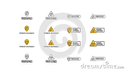 Power outage, large collection of signs, symbols and logos isolated on white background. Warning yellow symbols concepts. Stock Photo