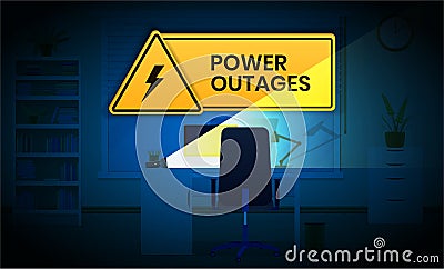 Power outage, warning poster with flashlight and triangular icon of electricity in the office workspace Stock Photo