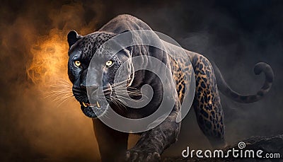 The Power of the Panther, An Angry Wildcat with Fire and Smoke, Apex Predator, Generative AI Stock Photo