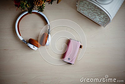 Headphones and power bank Stock Photo