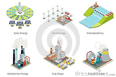 Power plant icons. Electricity generation plants and sources Vector Illustration