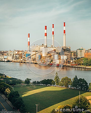 A power plant with with smoke stacks, seen from the Ed Koch Queensboro Bridge, New York City Editorial Stock Photo