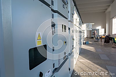 Power plant switchyard protection and control cubicles compartment. Stock Photo