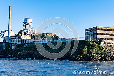 Power plant, Water Tower and the Model Industries building at Alcatraz Island Prison, San Francisco California USA, March 30, 2020 Stock Photo