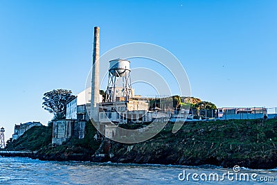 Power plant, Water Tower and the Storehouse warehouse at Alcatraz Island Prison, San Francisco California USA, March 30, 2020 Stock Photo