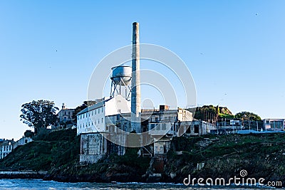 Power plant, Water Tower and the Storehouse warehouse at Alcatraz Island Prison, San Francisco California USA, March 30, 2020 Editorial Stock Photo