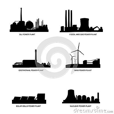 Power plants by fuel vector silhouette Vector Illustration