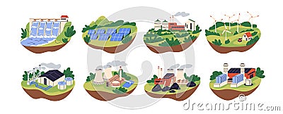 Power plants set. Electric energy factories buildings for electricity productions. Coal, nuclear, gas, hydro industries Vector Illustration