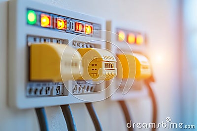 Power plug connected to an electrical socket panel with multiple power inputs illustrating a control panel setup in a server or Cartoon Illustration