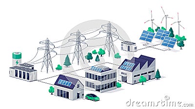 Power renewabale energy electricity grid with solar buildings distribution Vector Illustration