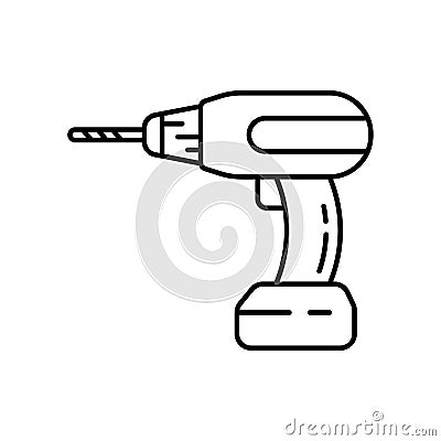 Power screwdriver icon. Linear logo of hand drilling machine. Black simple illustration of professional tool, perforator. Contour Vector Illustration