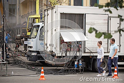 Power supply truck with lots of wires Editorial Stock Photo