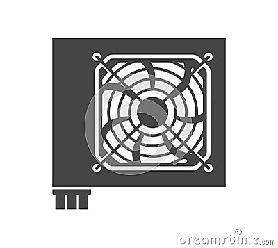 Power supply unit bold black silhouette icon isolated on white. PSU, internal pc component. Vector Illustration