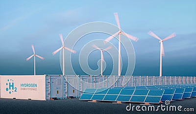 Power to gas concept in nice morning light. Hydrogen energy storage with renewable energy sources - photovoltaic and wind turbine Stock Photo