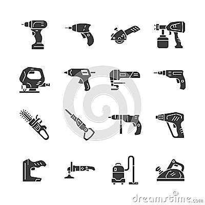 Power tools glyph icon set. Vector collection electric instrument with drill, jigsaw, stapler, planer, screwdriver, saw Vector Illustration