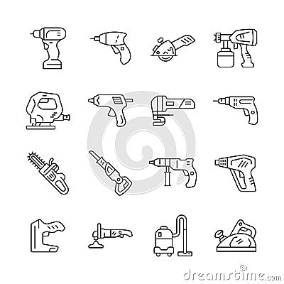 Power tools line icon set. Vector collection electric instrument with drill, jigsaw, stapler Vector Illustration