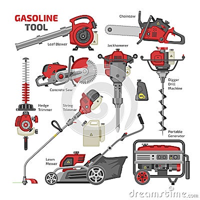 Power tools vector electric construction equipment circular-saw and gardening lawn mower trimmer leaf-blower Vector Illustration