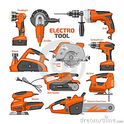 Power tools vector electric construction equipment power-planer grinder and circular-saw illustration machinery set of Vector Illustration