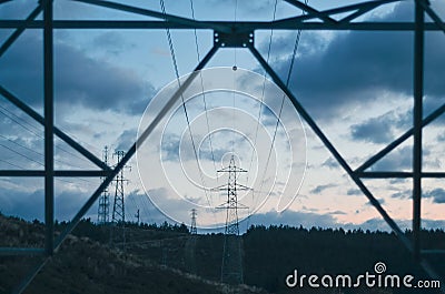 Power towers electricity sky clouds Stock Photo