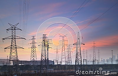 Power transmission background at city suburb Stock Photo