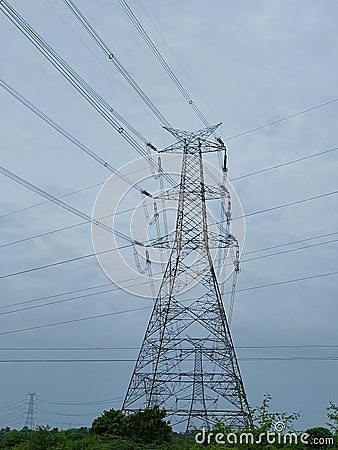 Power transmission lines and pole, electrical supply photography, natural outdoor background Stock Photo