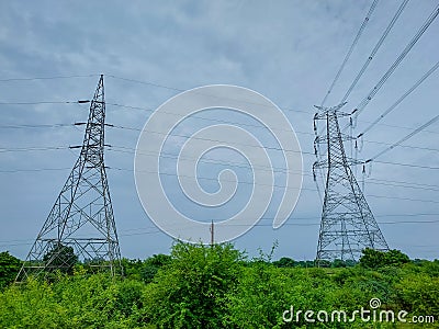 Power transmission lines and pole, electrical supply photography, natural outdoor background Stock Photo