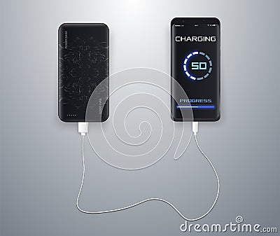 Powerbank charging a black smartphone on white background Vector Illustration