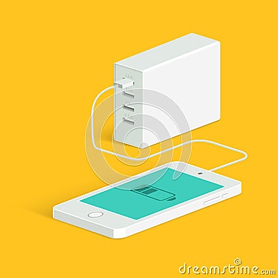 Powerbank charging a white smartphone. Isometric view. Vector flat style. Vector Illustration