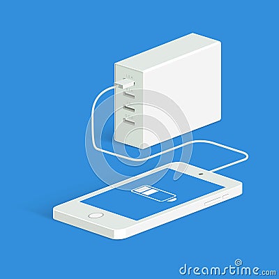 Powerbank charging a white smartphone. Isometric view. Vector flat style. Vector Illustration