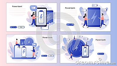 Powerbank concept. Portable charge. Smartphone wired charging. Device, smart digital technologies. Screen template for Vector Illustration