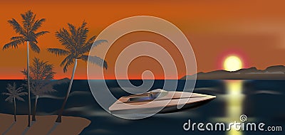 Powerboat and sunset illustration Vector Illustration