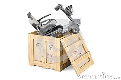 Powered mobility scooter inside wooden box, delivery concept. 3D rendering Stock Photo