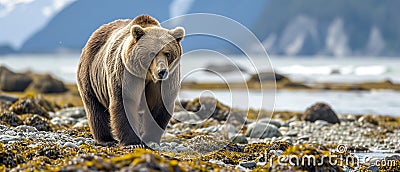 Powerful Bear Victorious As It Secures Fresh Food By The Coast Stock Photo