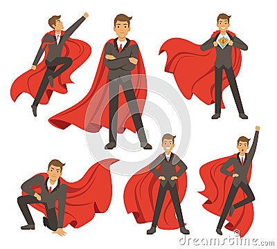 Powerful businessman in different action superhero poses. Vector illustrations in cartoon style Vector Illustration