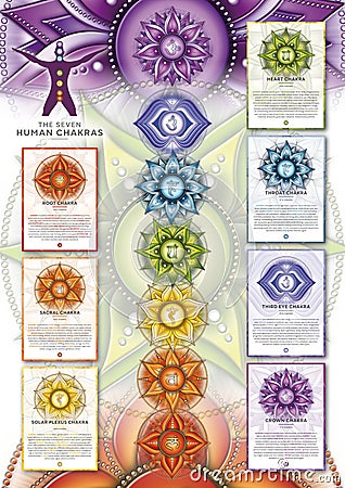 Powerful 7 Chakra - Infographic poster/wallpaper including detailed description, characteristics and features Stock Photo