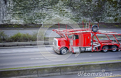 Powerful classic big rig red car hauler semi truck running with empty semi trailer on the divided road with ivy covered wall Stock Photo