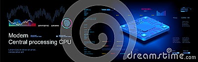 Powerful computer processor. The central processor in axonometric projection. Presentation of the new generation processor. Concep Vector Illustration