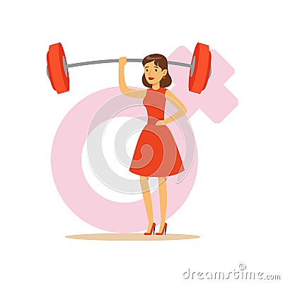 Powerful confident woman in a red dress lifting barbell with one hand, feminism colorful character vector Illustration Vector Illustration