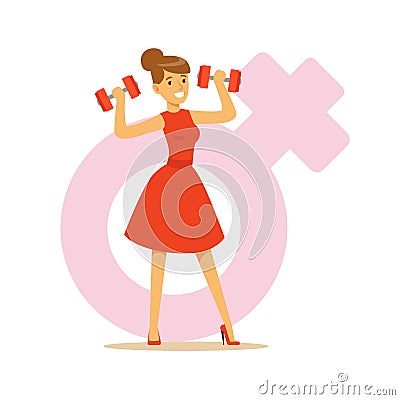 Powerful confident woman in a red dress lifting dumbbells, feminism colorful character vector Illustration Vector Illustration