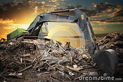 Powerful crawler excavator demolishes an old building Stock Photo