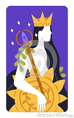 Powerful crowned Queen with wand and sun. Wealth, prosperity, abundance, fortune, power and fertility concept. Monarchy Vector Illustration